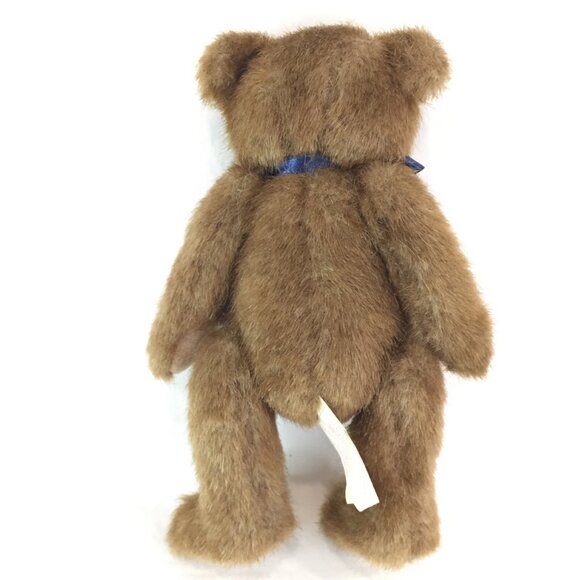 Plush Stuffed Brown Bear Jointed Limbs With Blue Ribbon 7"  Serious Expression - Picture 3 of 5